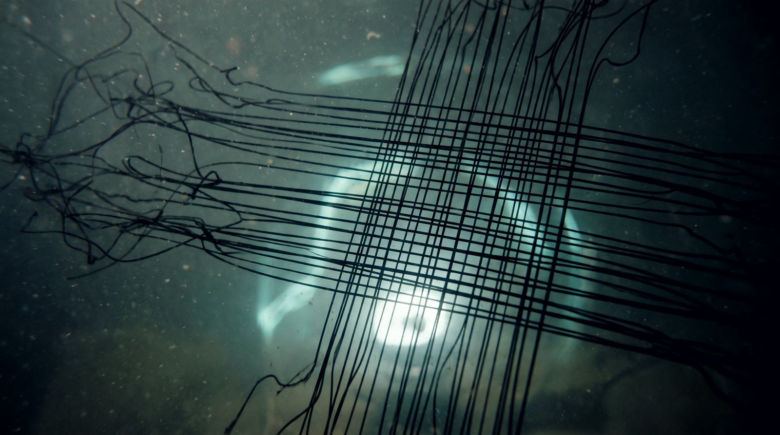 Loose ink threads in dark water resolving into a precise grid across a point of light